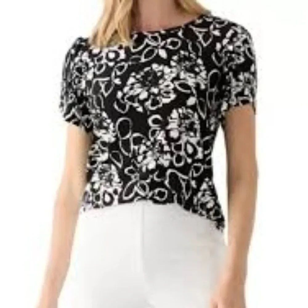 Anne Klein Black/White knit floral tulip sleeves blouse, size P/XL - Picture 1 of 9